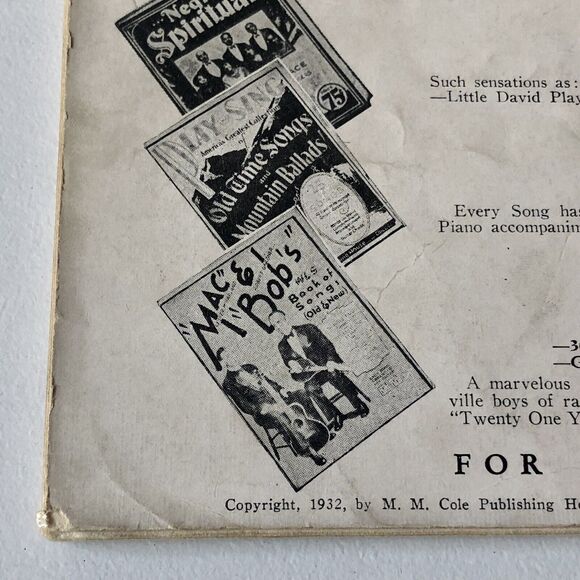 Vintage 1932 Cole Cowboy Song Book Sheet Music Arkansas Woodchopper Yodel Guitar - Picture 10 of 11